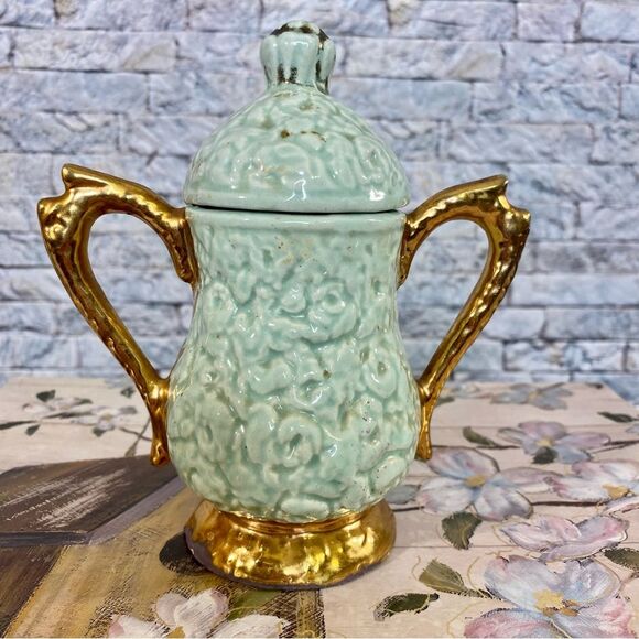 Vintage Glazed Ceramic Sugar Bowl Mint Green Flower Embossed Gold Trim - Picture 1 of 7